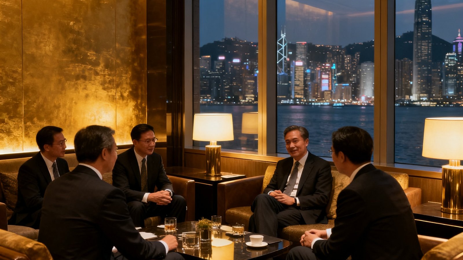 太阳贵宾会集团香港中环总部贵宾商务 lounge 实景，多位西装革履的商界精英在温暖金色灯光下进行私密交流，背景为落地窗俯瞰维多利亚港夜景
