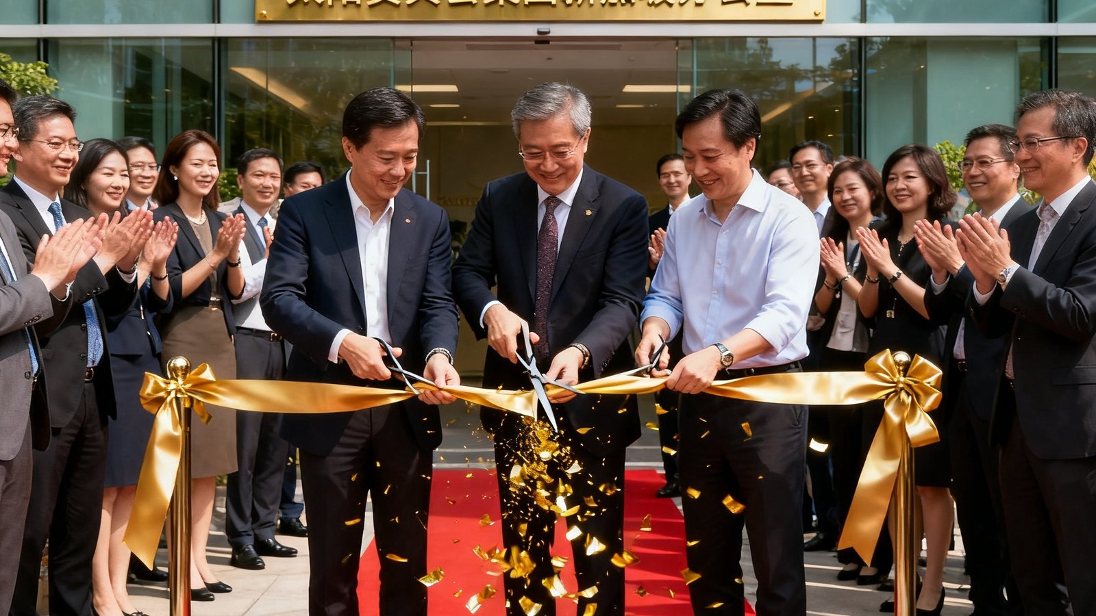 太阳贵宾会集团新加坡办公室开业剪彩仪式，三位创始人与嘉宾共同剪断金色绸带，现场约50位来宾鼓掌祝贺