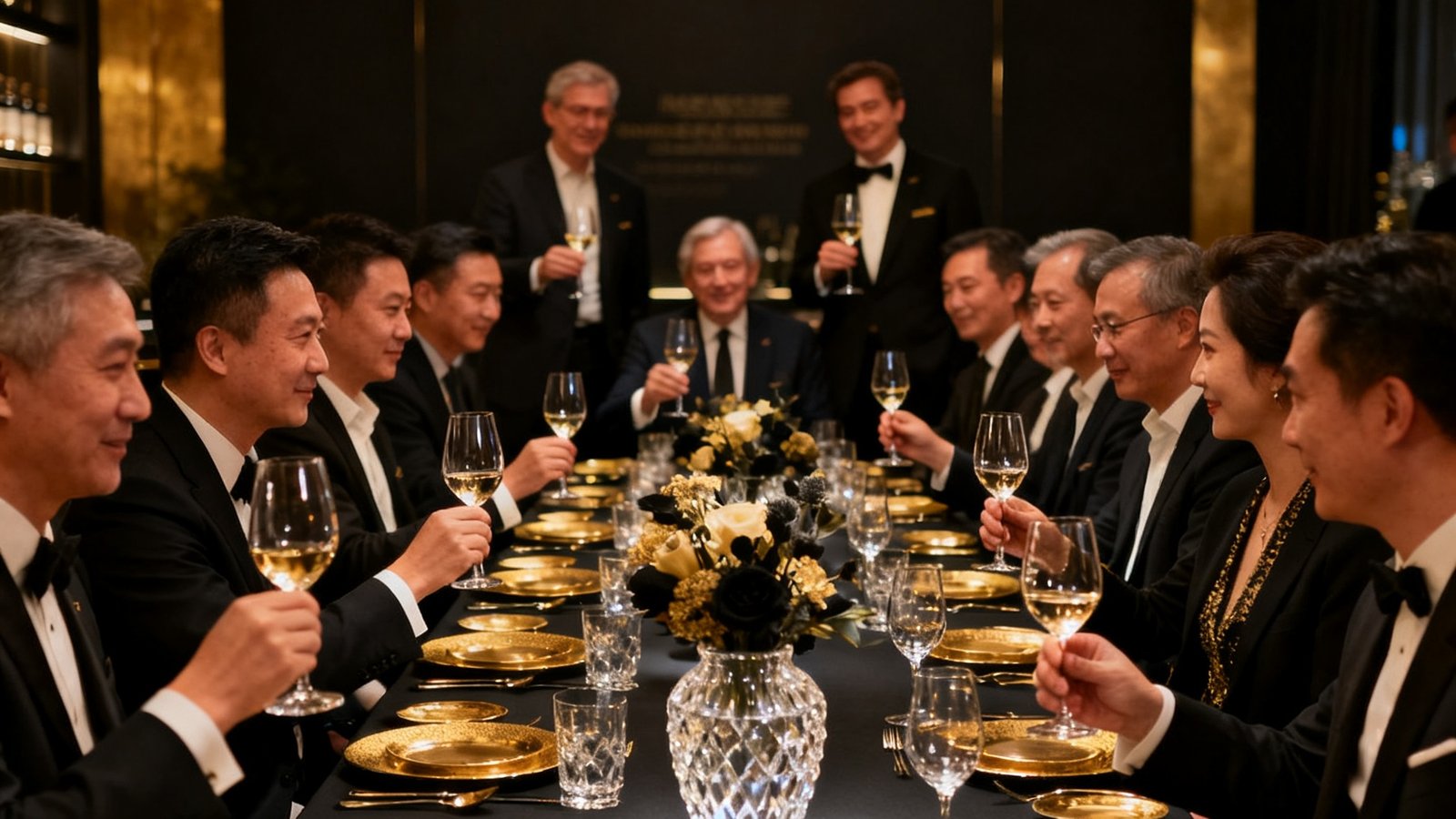 黑金会员专属晚宴现场，米其林三星餐厅内长桌布置精美，水晶吊灯下16位会员与3位特邀嘉宾正在举杯交流